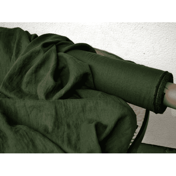 Premium Linen Fabric by the Yard – Dark Moss Green (160 GSM) – 58" Wide Softened Natural Flax Textile for Curtains, Clothing, and Home Décor