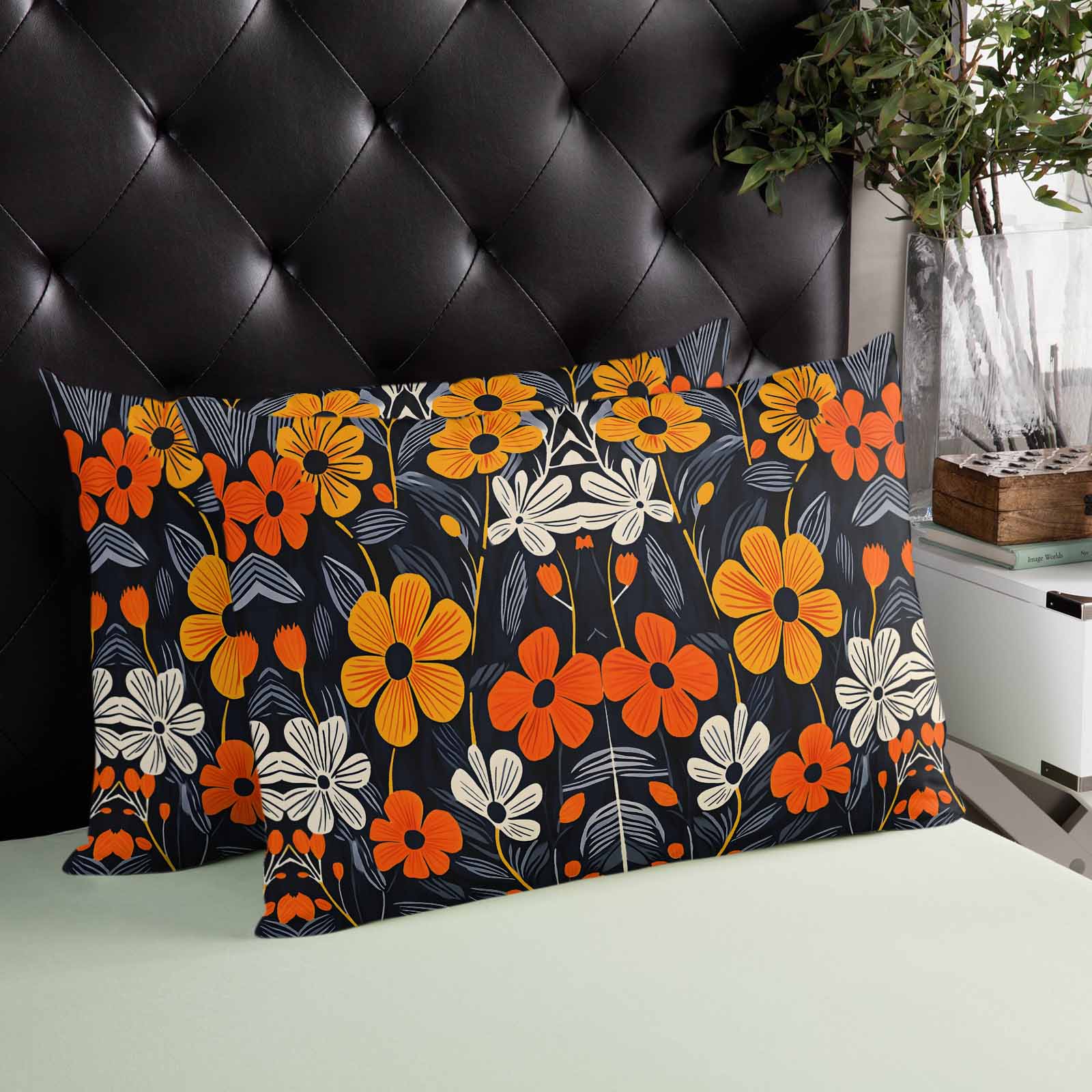 Orange Spring Floral Throw Pillow Cover 24 x 36 Inch Decorative Pillow Cover Black Summer Botanical Leaf Lumbar Pillowcase Seasonal Rectangle Cushion Case for Couch Sofa Bed Living Room