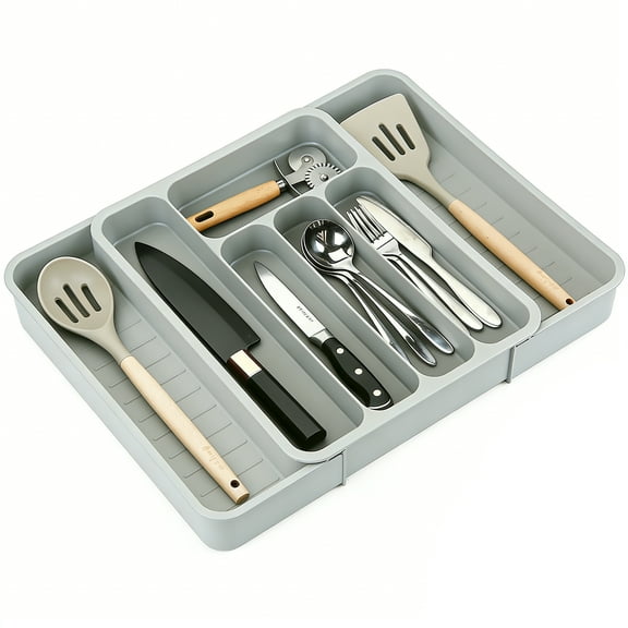 cisilov  Silverware Organizer, Expandable Utensil Organizer for Drawer, Flatware and Cutlery Holder, Adjustable Plastic Food-Safe Kitchen Drawer Organizer for Spoons Forks Knives, Gray