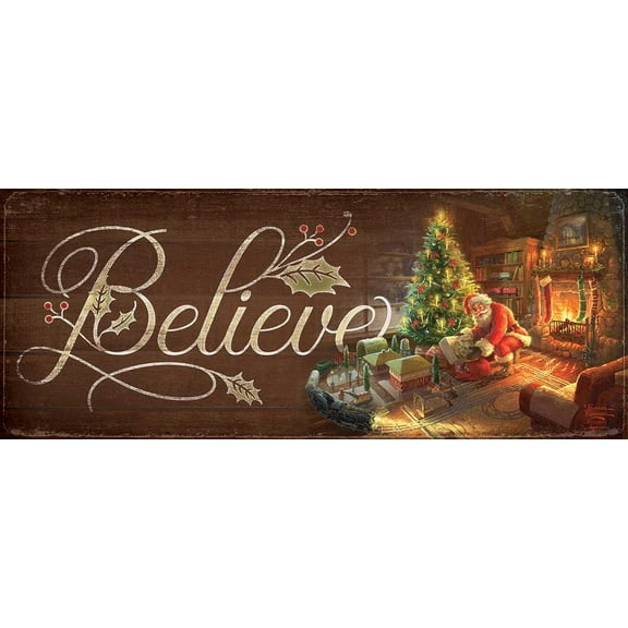 Thomas Kinkade Believe - Santa 12" x 30" Wood Sign