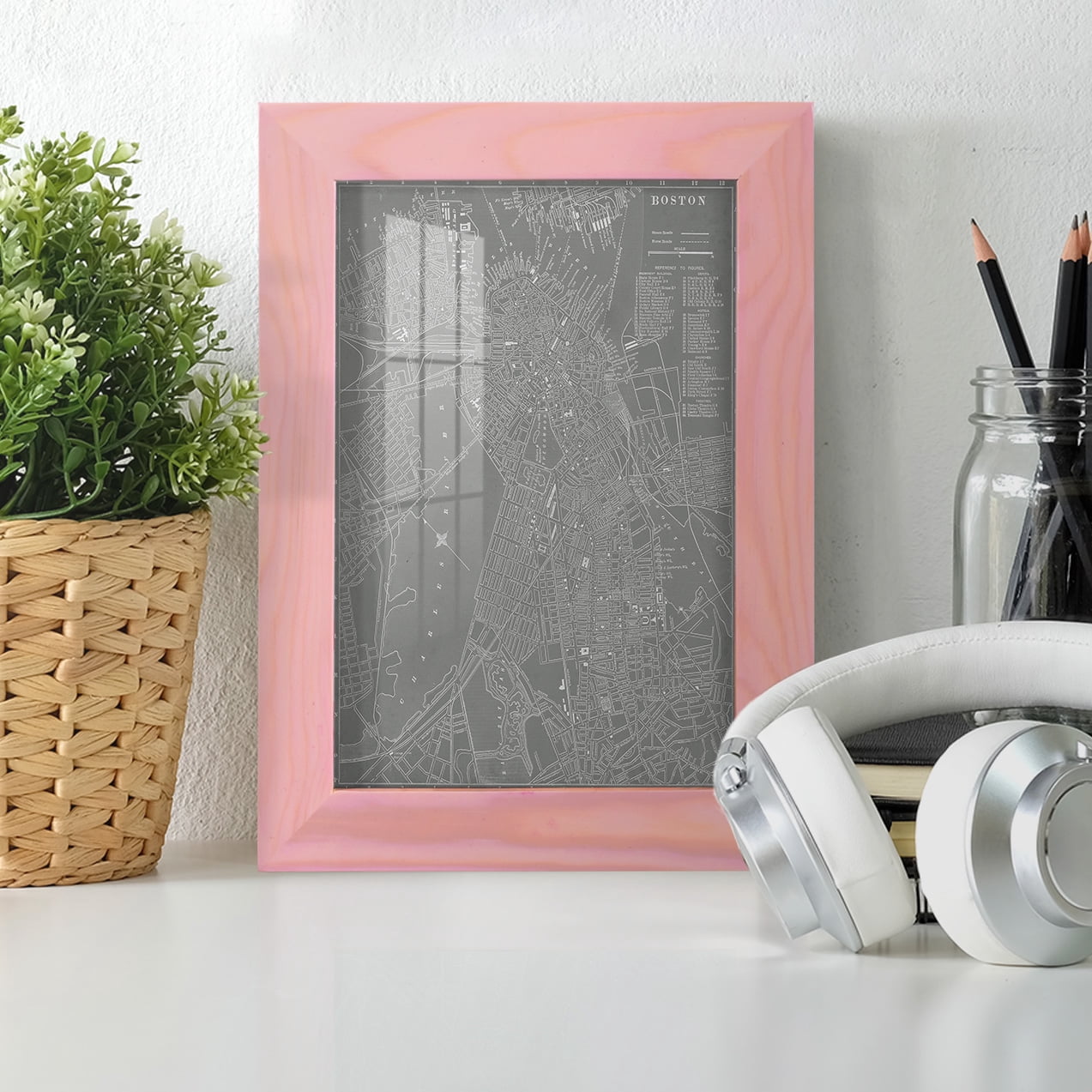 City Map of Boston -Framed Print w/glass-Sunset Pink