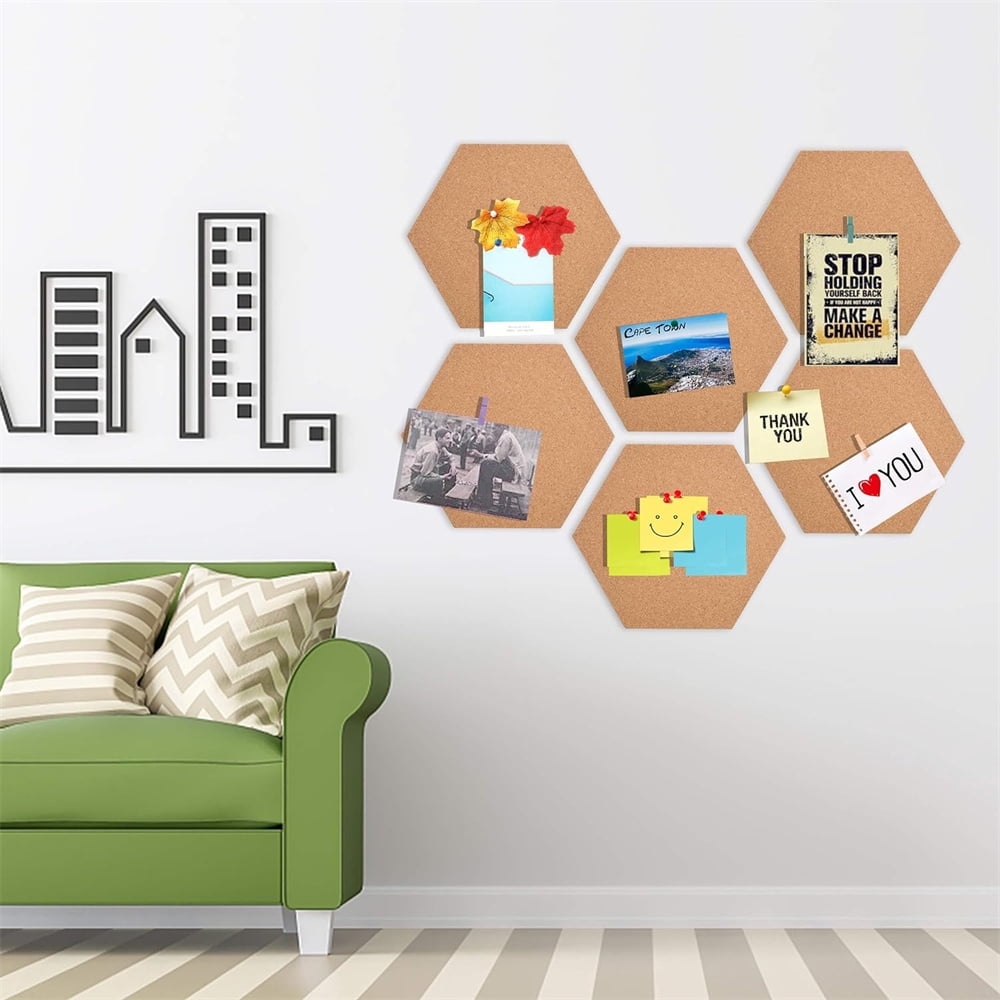 NOGIS 6 Pack Cork Board Hexagon Bulletin Boards Cork Tiles 8"x7" - 1/4" Self-Adhesive Corkboards with 40 Push Pins Mini Wall for Wall Home School Office Decorative