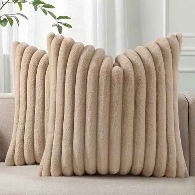 Chenchen Faux Fur Plush Throw Pillow Covers 18x18 Set of 2, Luxury Soft Fluffy Striped Decorative Pillow Covers for Sofa, Couch, Living Room, Khaki