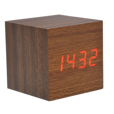OULII Red LED Wooden Alarm Clock in Brown with Voice Activation and Date Temperature Display