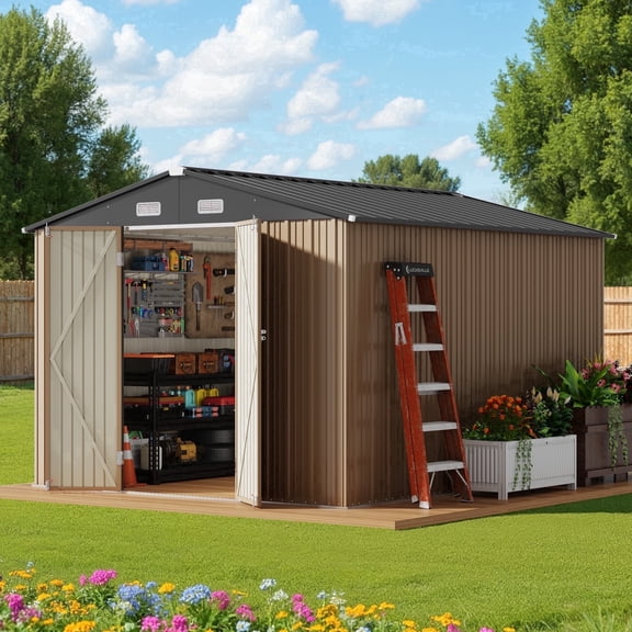 Asofer 10x10 FT Outdoor Storage Shed, Large Utility Metal Tool Shed Lockable Doors & Vented Windows for Backyard, Patio, Lawn, Brown