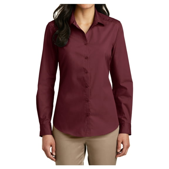 Yellow Rooster Women's Long Sleeve Carefree Poplin Uniforms Dress Shirt Burgundy XS