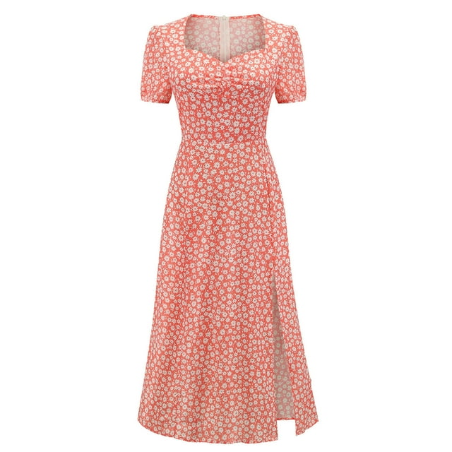 EGNMCR Robes d'Été Femmes Tendance 2024 Mode Femmes Rétro Décontracté Été Imprimé Floral Manches Courtes Col en V Robe Mi-Mollet