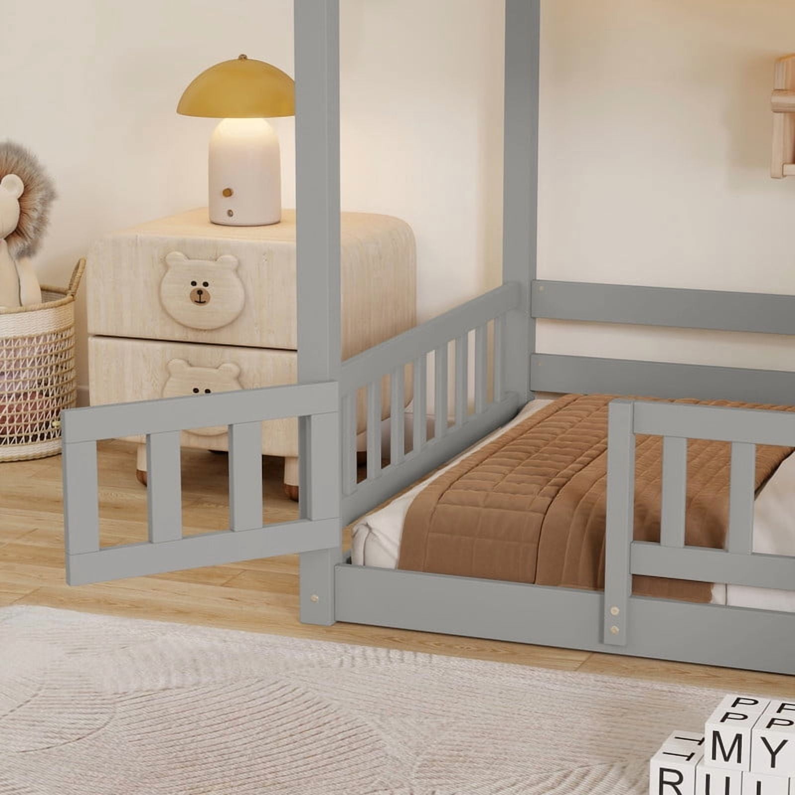 Twin-Over-Twin Bunk Bed with Slide, Storage Staircase & Detachable Rack, Wooden Kids Bed Frame with LED Light & Guardrail