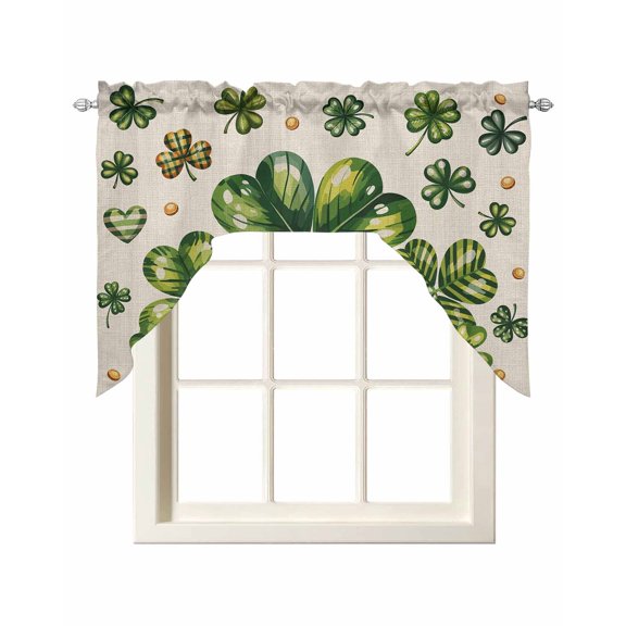 St Patrick's Day Swag Valances for Windows, Small Curtains Drapes, Green Shamrock Leaf Gold Coin Retro Beige Kitchen Window Curtains Over Sink Window Treatment Valance for Bedroom/Bathroom 56"x36"