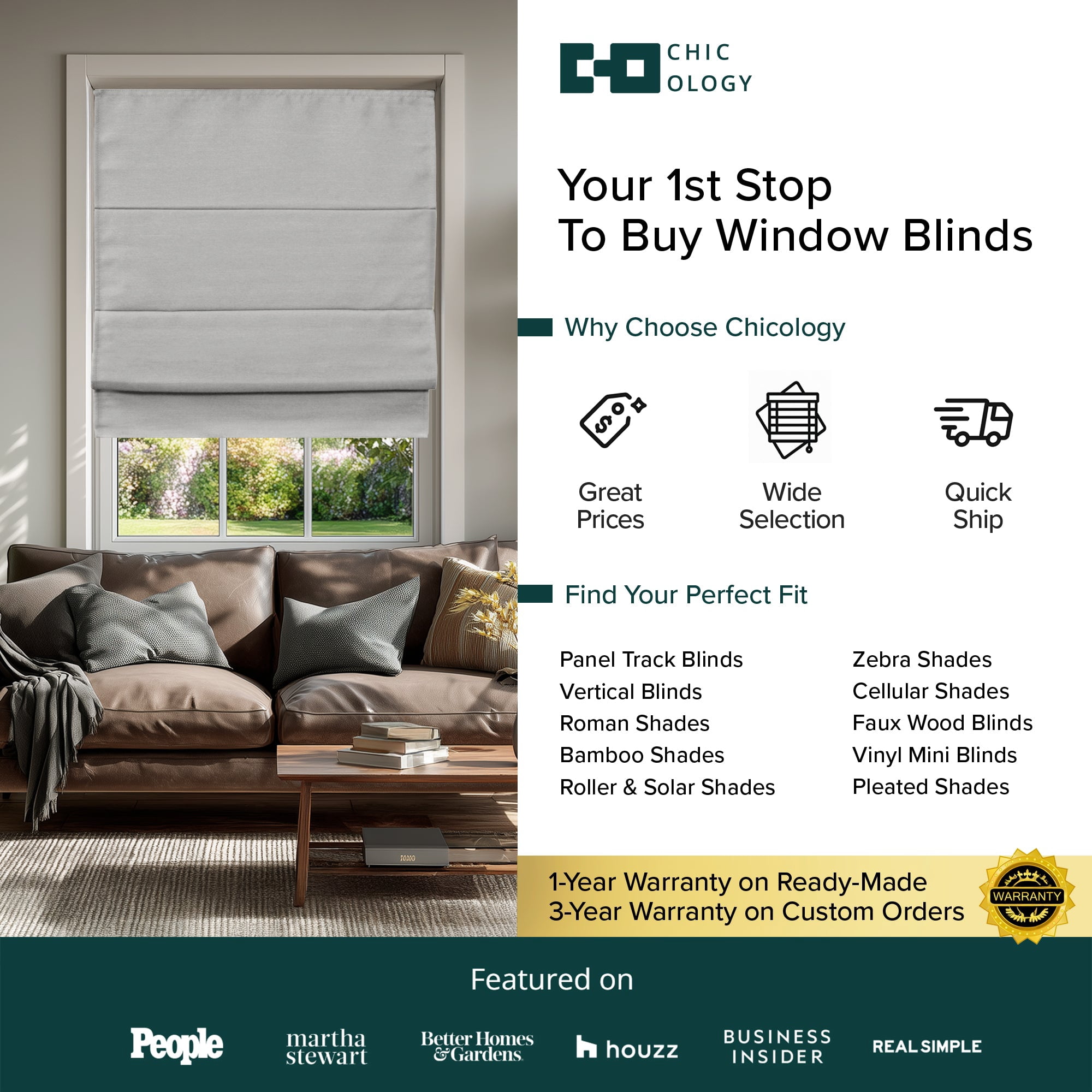 Chicology Cordless Roman Shade, Blackout, Del Mar Pearl Grey, 36"W X 64"H