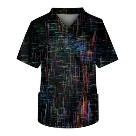 

HHei_K Black Scrubs Men s Short Sleeve V Neck Print Chest Pocket Carer Top