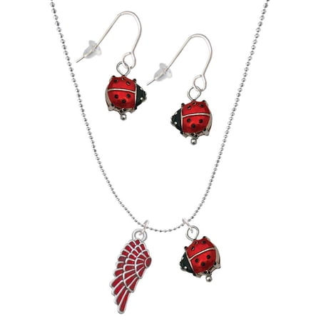 Delight Jewelry Silvertone Medium Translucent Red Angel Wing Red Lucky Ladybug Necklace and Dangle Earrings Set