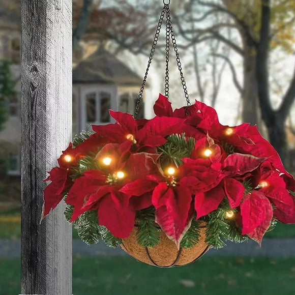 Christmas Hanging Basket for Outside with Lights,Outdoor Artificial Christmas Hanging Plant Decorations,Decorated with Frosted Pin