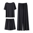 thumbnail image 4 of DuoJiaJ Summer New Ice Silk Pajamas Set Women's Short Sleeved Shorts Wide Leg Pants Solid Color Home Three Piece Set Can Be Worn Loosely Summer Pajamas Women Black One Size, 4 of 4