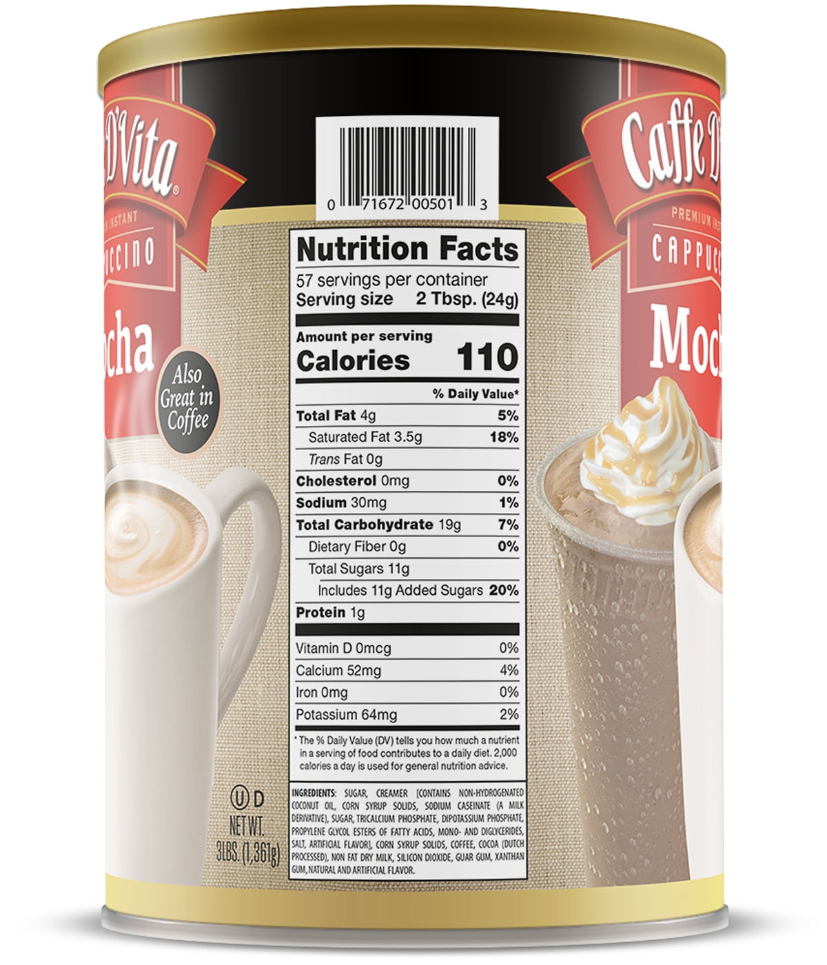 (4 Pack) Caffe D'Vita Mocha Cappuccino, 48 oz Canister