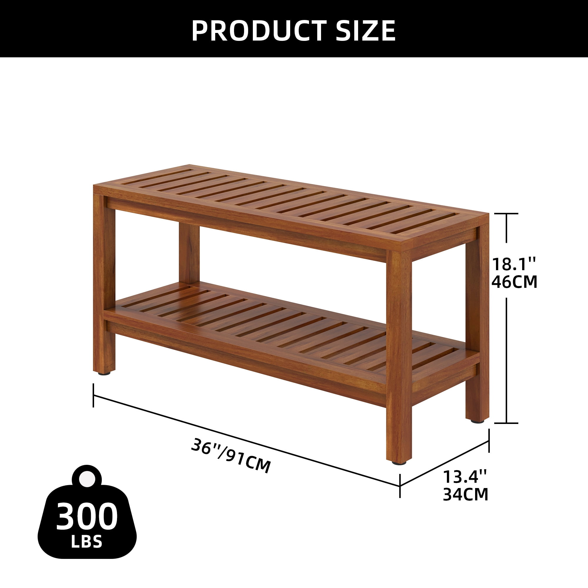 Uforic 36" Shower Seating Bench with Storage Shelf, Teak Wood Shower Stool with Non-Slip Pads, Brown