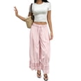 thumbnail image 2 of Women Linen Lace Trim Long Bloomers Pants Ruffle Victorian Vintage Pantaloons Summer Beach Travel Vacation Pants Pink S, 2 of 6