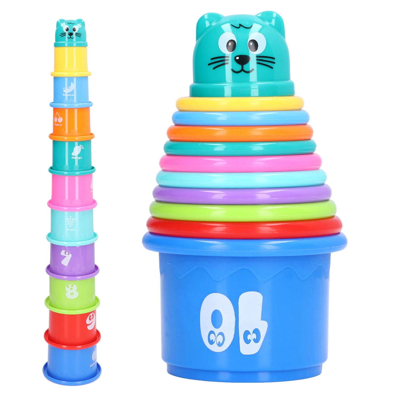Gupbes 11 PCs Multicolor Nesting and Stacking Cups Set, Baby Bathtub Toys, Early Learning Educational Toys for Infants, Toddlers, Stacking Cups with The Numbers, Shapes, Fruits, Animals Patten
