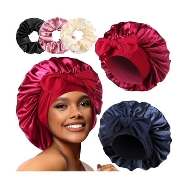 wonima11 2+3 Large Satin Bonnets with Scrunchies for Women, Hair Bonnet Sleeping Tie Bonnet for Braids Curly Hair