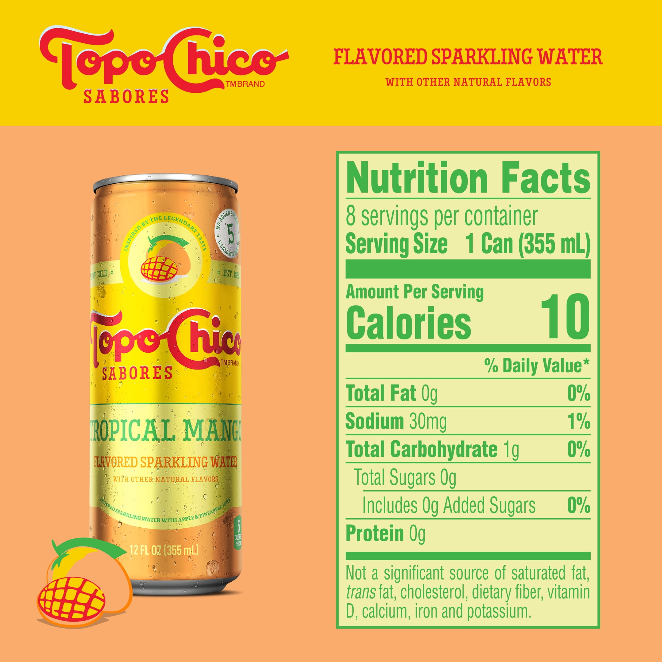 Topo Chico Sabores Tropical Mango Flavored Sparkling Water, 12 fl oz, 8 Pack Cans