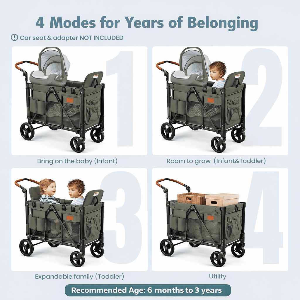 UBesGoo Wagon Stroller for 2 Kids, High Seat, Foldable All-Terrain Wagon for Toddler with Removable Canopy, Adjustable Handlebar, Large Storage Bag, Green
