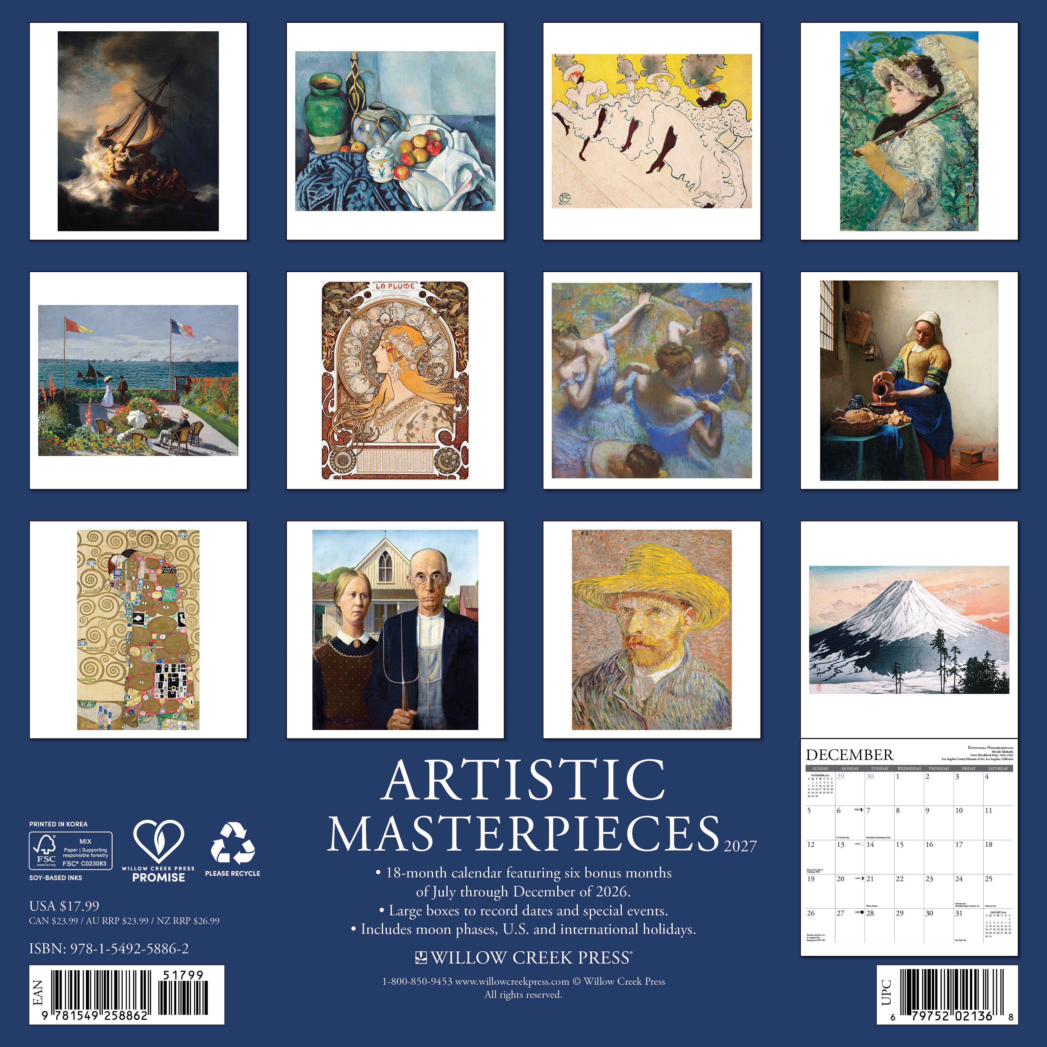 Willow Creek Press, Artistic Masterpieces 2027 Wall Calendar