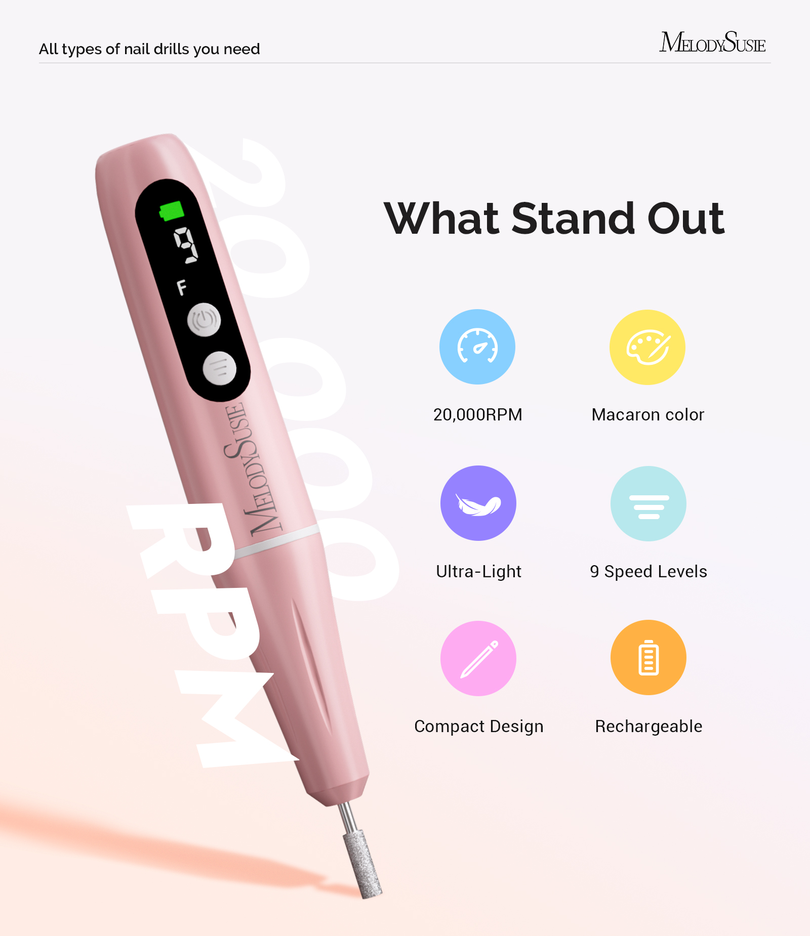 MelodySusie PC90G Portable Nail Drill - Pink photo 2