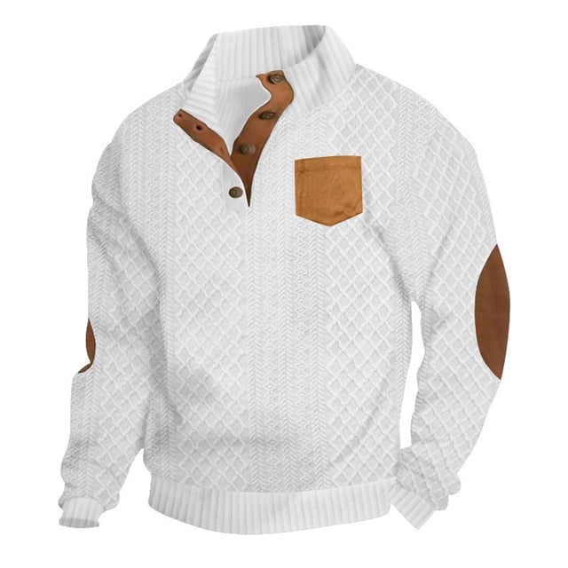 pstuiky hombres de manga larga, Suéter de hombre con botones, color liso, cuello alto, mangas largas y cuadrados pequeños tops de invierno para hombre l
