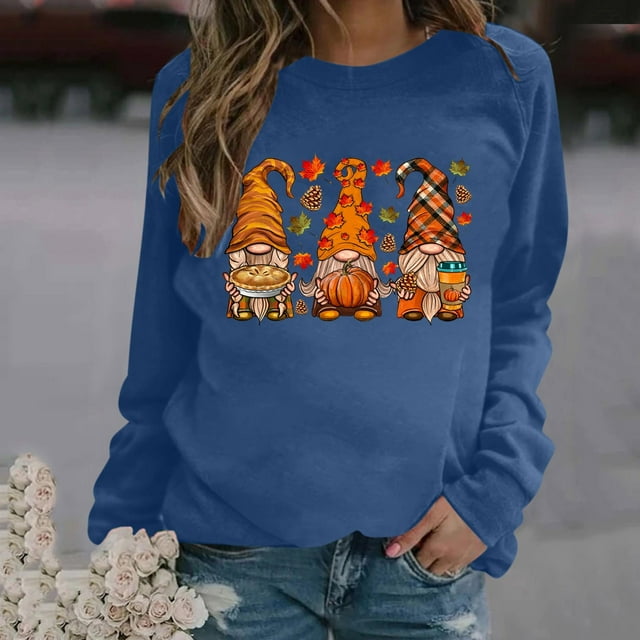 Meichang Hauts pour Femmes Automne Action de Grâce T-Shirts Graphiques Décontractés Manches Longues Coupe Ample Col Rond Pull Blouse Hauts