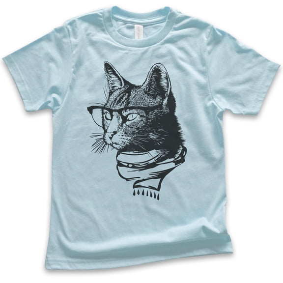 Kids Hipster Cat Shirt, Youth Kids Boy Girl T-Shirt, Cat Lover Shirt, Cat Glasses Tee, Nerdy Cat Shirt, Light Blue, Medium
