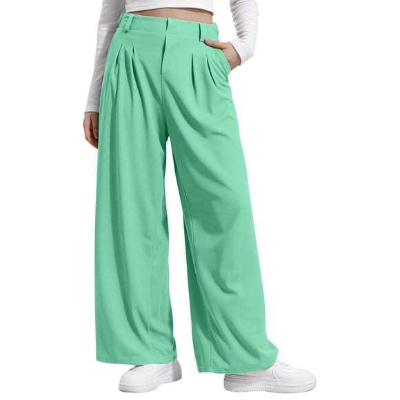 Kaemgyyd Wide Leg Pants for Women Pleated Business Casual Work Long Trousers Elastic High Waist Flowy Pants with Pockets