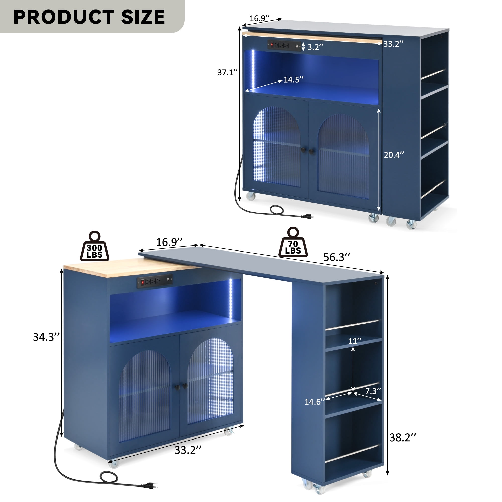EUROCO Kitchen Island Cart with Extended Table, Rolling Kitchen Island with LED Lights, Power Outlets,Storage Cabinet and 2 Fluted Glass Doors,Navy