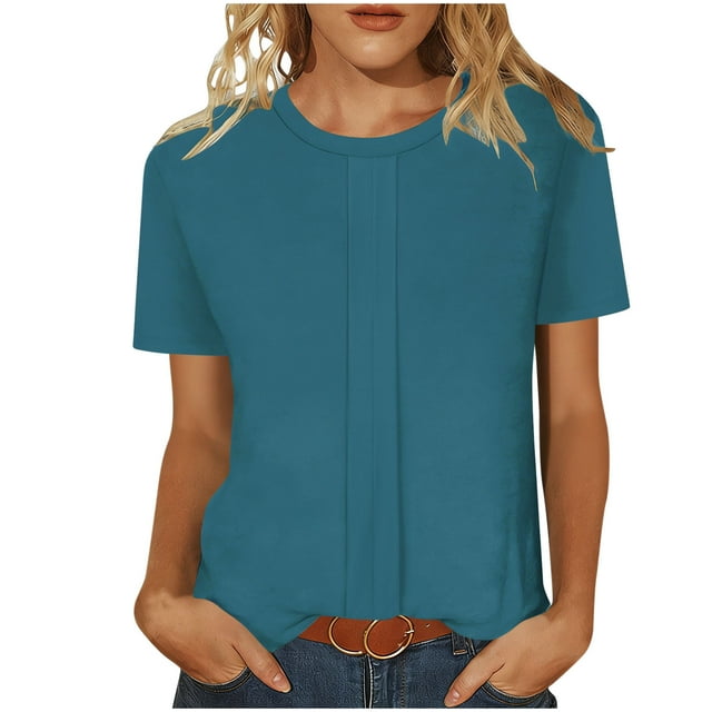 Ltctricy T-Shirts pour Femmes Tendance à Manches Courtes, Col Rond, Tuniques Plissées, Hauts Habillés Décontractés, T-Shirts Doux, Chemisiers Amples