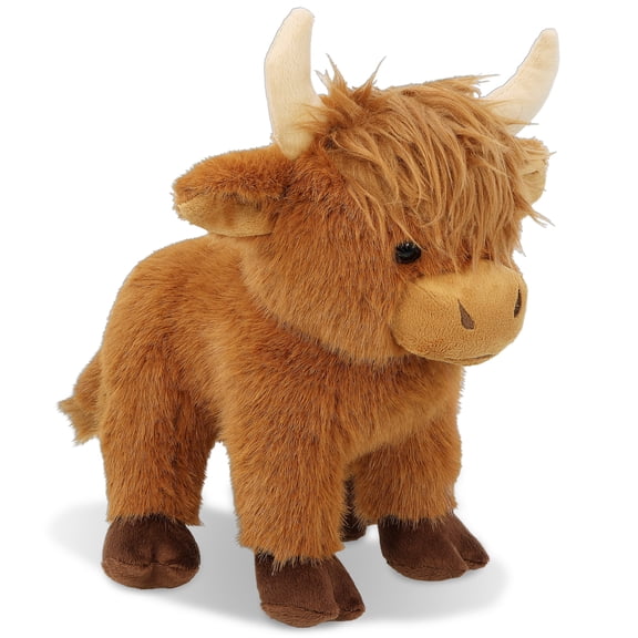 DolliBu Plush Standing Highland Cow Stuffed Animal - Adorable Playtime Farm Animal Cow Plush, Cute and Soft Cuddle Brown Stuffed Toy Gift for Kids and Adults - 9.5 Inches