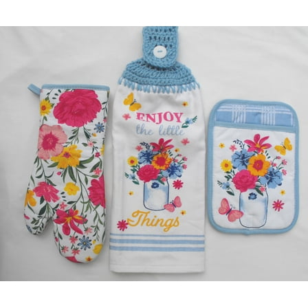 ENJOY THE LITTLE THINGS - FLOWERING FRONTIER - DOUBLE THICK/FULL CROCHET TOP HANGING KITCHEN TOWEL, MATCHING OVEN MITT AND POTHOLDER