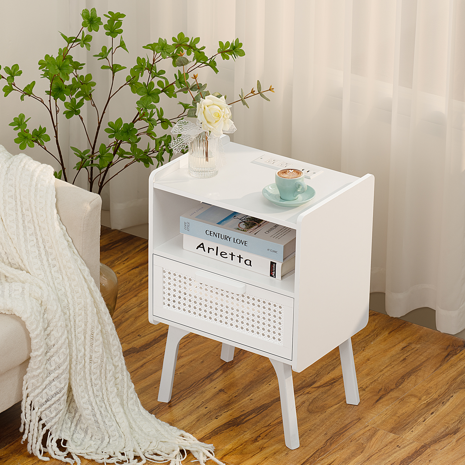 Farmhouse Nightstand with Storage Shelf & Drawer Bedside Tables End Table for Bedroom Modern Wood Side Table Living Room,White