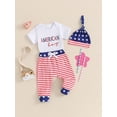 thumbnail image 3 of Bslissey 4th of July Baby Boys Long Pants Sets Short Sleeve Letter Embroidered Romper + Stripe Stars Print Trousers + Hat 0-18M Newborn Infant Casual 3Pcs Summer Outfits, 3 of 9