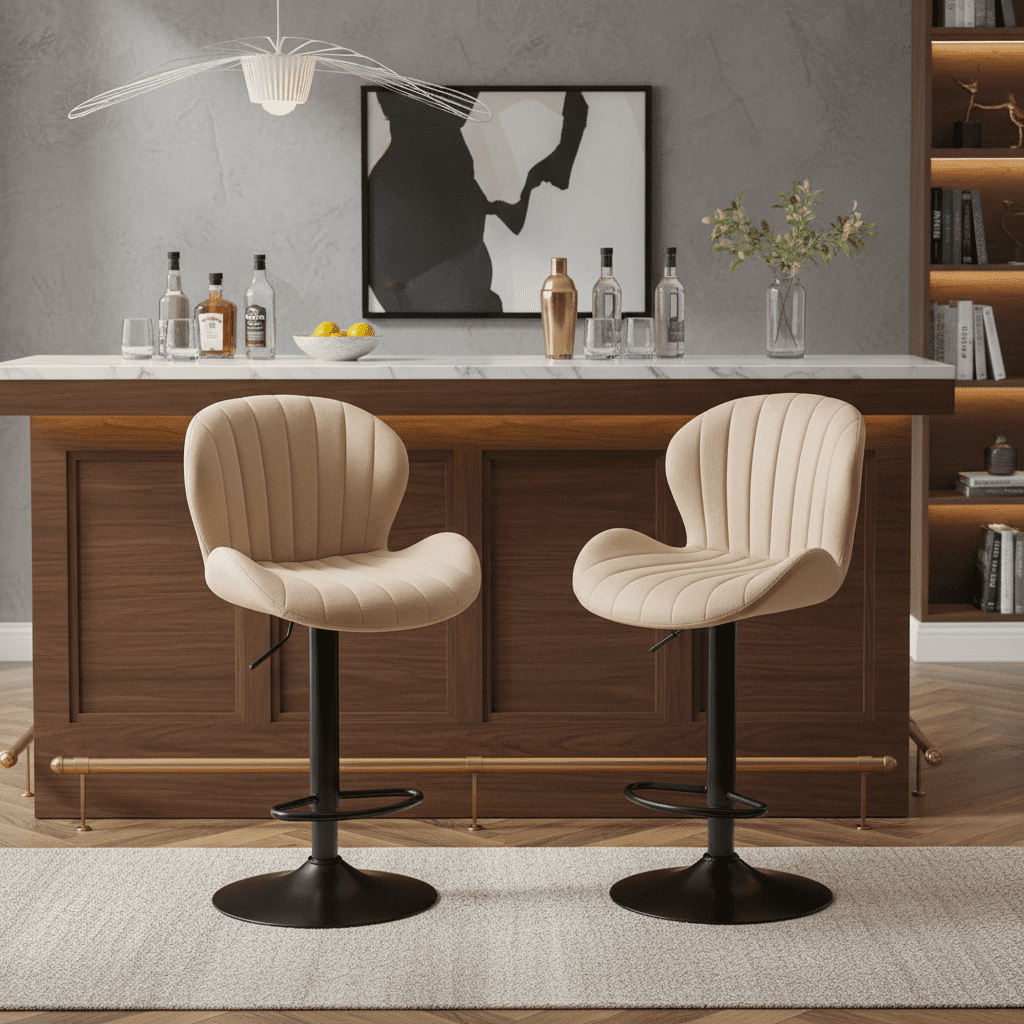 CONCETTA Set of 2 Swivel Bar Stools, Adjustable Height Modern Fabric Upholstered Barstools Counter Bar Chairs with Backrest for Kitchen Island & Home Bar, Beige