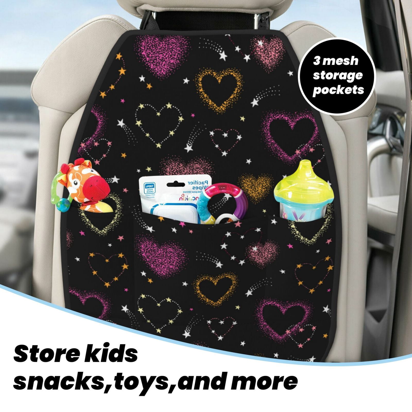 Kdxio Heart and Stars Print 2 Pack Car Kick Mat Seat Cover Back Protector Mat with Pockets for Organizer Backseat Protector and Storage Anti Kick Pad for Vehicles