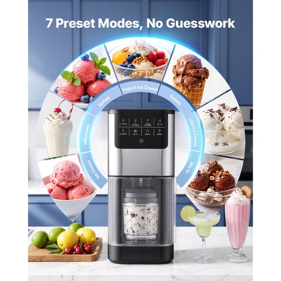 Ice Cream Maker, 7-in-1 Frozen Treat Maker for Gelato, Sorbet, Milkshake, Frozen Yogurt & Lite Ice Cream, Homemade Ice-Cream Machine with One-Touch Mix-in Respin for Smooth, Creamy Texture