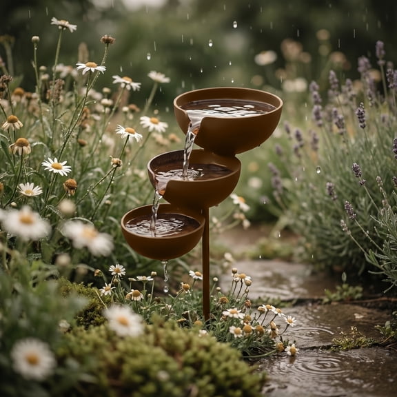 Waterfall Garden Rain Catcher Decorative Ornament, Outdoor Yard Art with Cascading Water Design for Garden Patio Lawn, Rain Chain Catch Basin Decor
