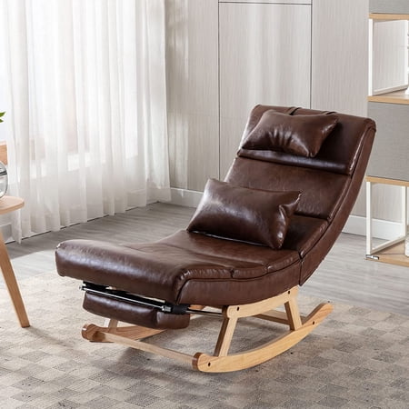 Rocking Lounge Chair, Modern Accent Rocking Glide Chair with Large Back, Pull Out Pedal and Pillows, Upholstered Lie or Sleep Lazy Chair for Nursery, Living Room, Bedroom