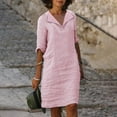 thumbnail image 2 of KIHOUT Robes d'Été pour Femmes, Mode pour Dames Robe à Col en V à Manches Mi-Longues Unie à Enfiler Rose TG, 2 of 6