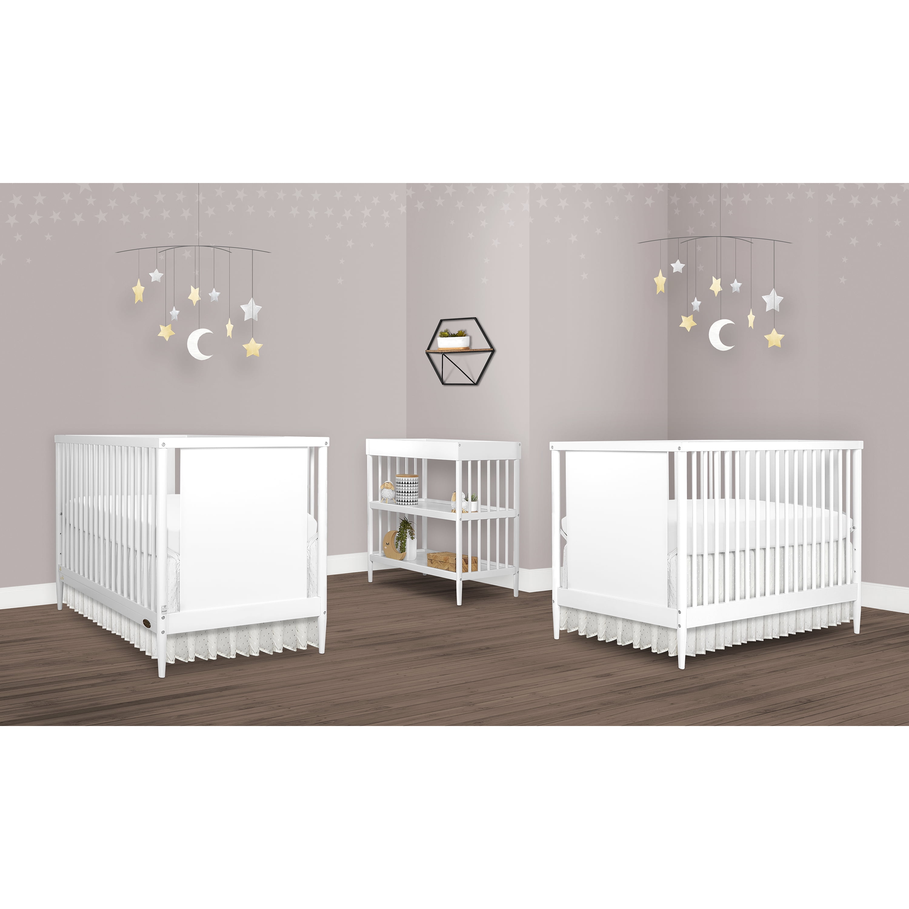 Dream On Me Moon Bear Reaching For The Stars 4 In 1 Modern Island crib With Rounded Spindles I Convertible Crib I Hand Printed Mural On One End Panel I Mid- Century Meets Modern in White Finish
