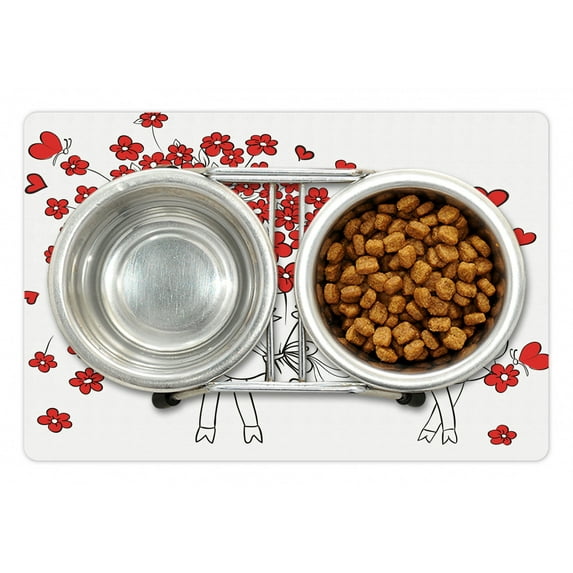 Valentine Pet Mat for Food and Water, Lover Goats Bunch of Heart Bouquet Valentines Honeymoon Wedding Caricature Graphic, Non-Slip Rubber Mat for Dogs and Cats, 18" X 12", by Ambesonne