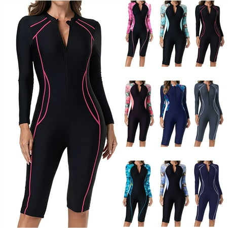 BiZtdJrK Blue Women s Rash Guard Long Sleeve Shirts Boyleg One Piece Swimsuit Front Zip Surf Wetsuit Surfing Bathing Suits L