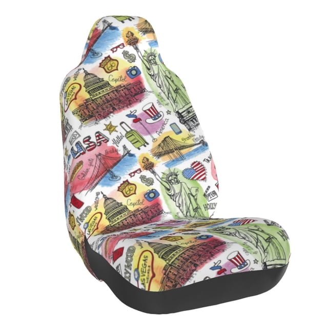 Wukai America Landmarks1 Full Set Car Seat Covers with Soft Padding Universal Auto Front Seats Protector and Cushion Mat