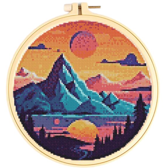 Stamped Cross Stitch Kits with Hoop for Starter Kits Mountains & Sunset Scenery DIY 11CT Pre-printed Patterns Needlepoint Embroidery Needlework Kit Set Supplies with Hoop 38x38cm