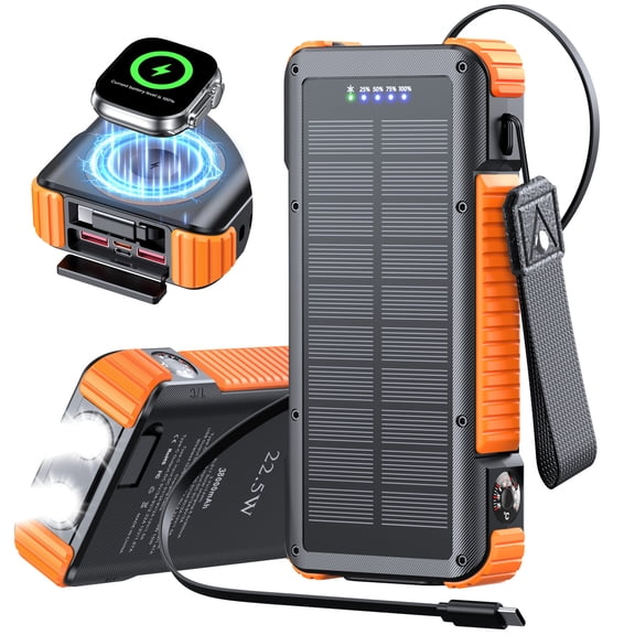 SOLPOWBEN 38800mAh Solar Power Bank, 22.5W Fast Charging Portable Charger with 27.6-Inch Retractable Cable, 3-in-1 Magnetic Wireless Charging for iPhone 12 , Watch & Earbuds