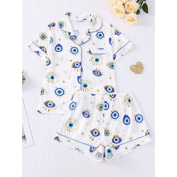 White Evil Eye Print Womens Pajama Set: Short Sleeve Collared Top & Elastic Waist Shorts